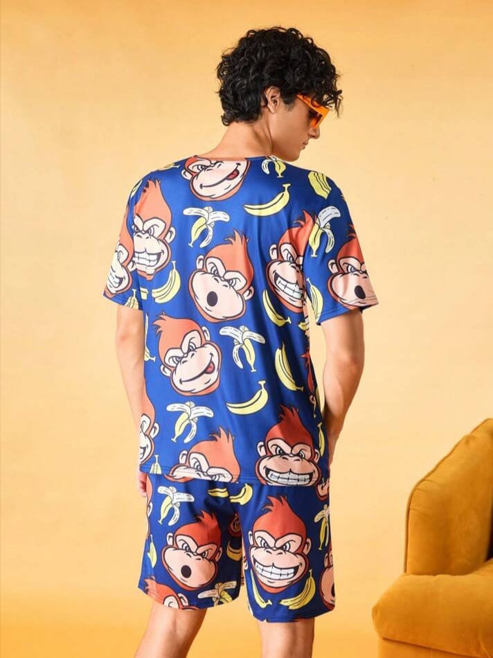 DEEP-SLEEP Cute Cartoon Monkey & Banana Print Sleepwear Set